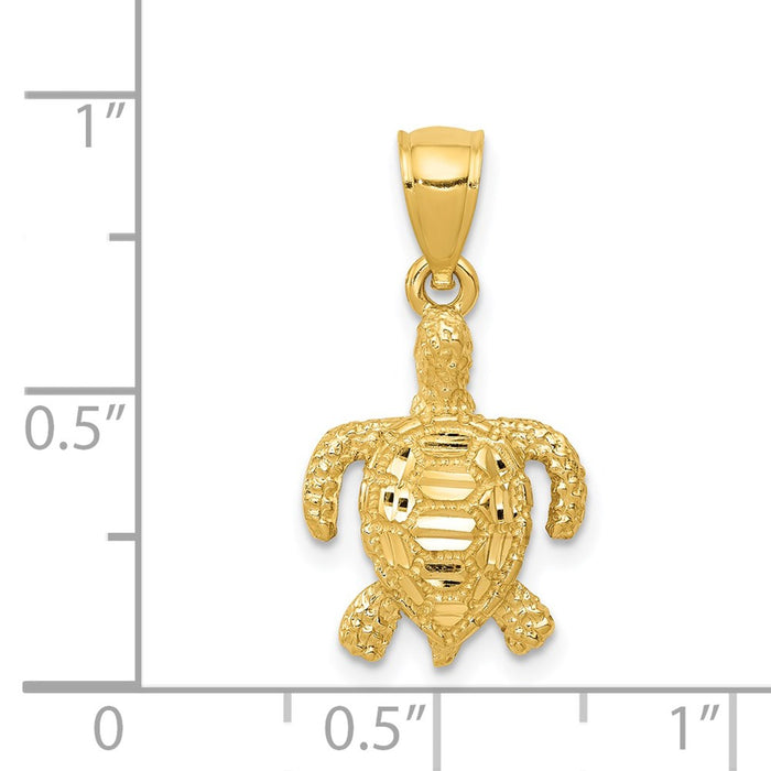 Million Charms 14K Yellow Gold Themed Polished, Textured Diamond-Cut Sea Turtle Pendant