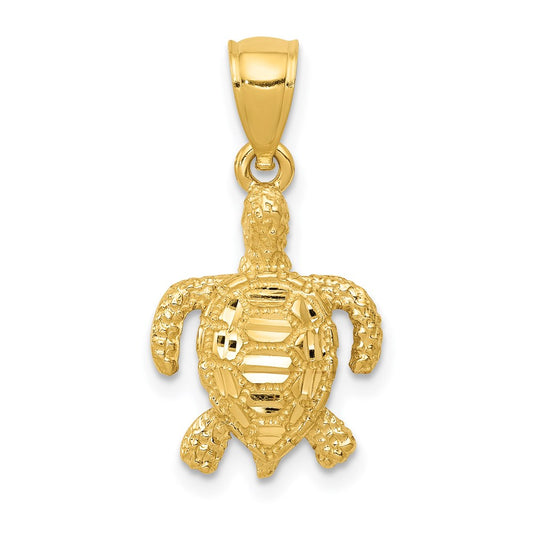 Million Charms 14K Yellow Gold Themed Polished, Textured Diamond-Cut Sea Turtle Pendant