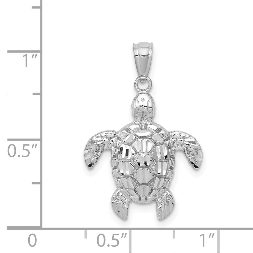 Million Charms 14K White Gold Themed Diamond-Cut Polished Sea Turtle Pendant