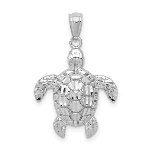 Million Charms 14K White Gold Themed Diamond-Cut Polished Sea Turtle Pendant