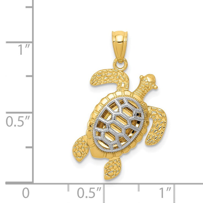 Million Charms 14K Yellow Gold Themed With Rhodium-plated Polished Moveable Legs Sea Turtle Pendant
