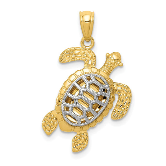 Million Charms 14K Yellow Gold Themed With Rhodium-plated Polished Moveable Legs Sea Turtle Pendant