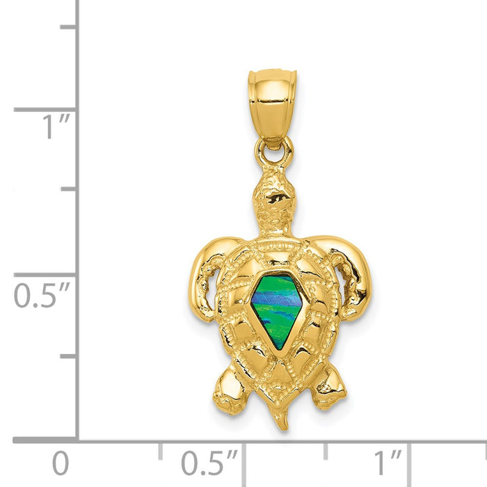 Million Charms 14K Yellow Gold Themed Polished With Created Blue Opal Turtle Pendant