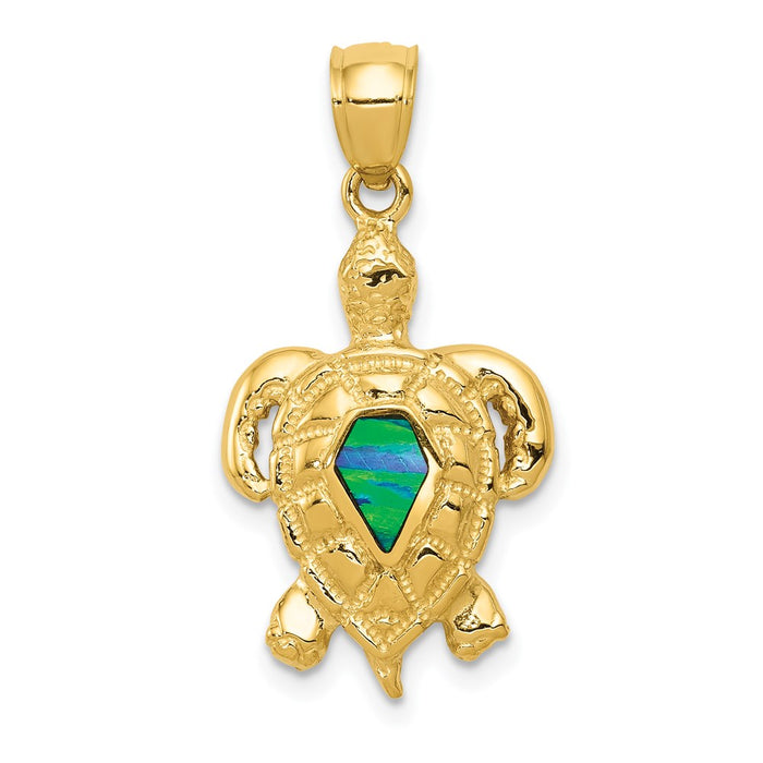 Million Charms 14K Yellow Gold Themed Polished With Created Blue Opal Turtle Pendant