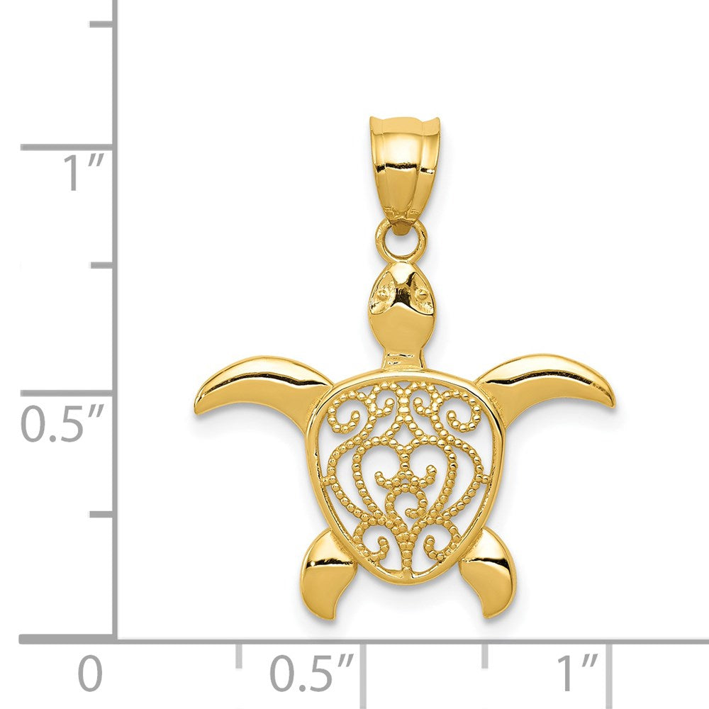 Million Charms 14K Yellow Gold Themed Polished Filigree Sea Turtle Pendant