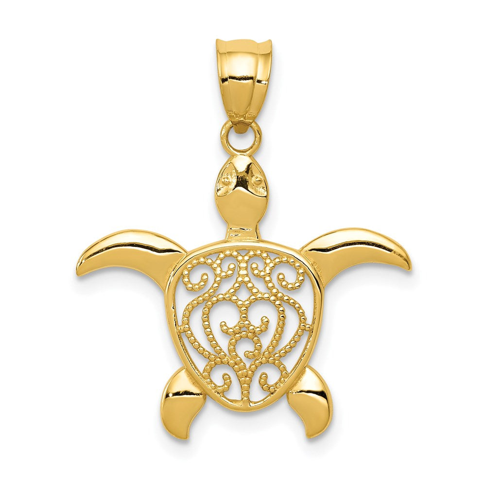Million Charms 14K Yellow Gold Themed Polished Filigree Sea Turtle Pendant