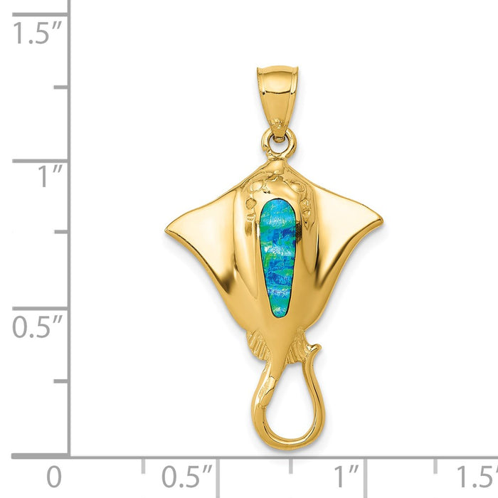 Million Charms 14K Yellow Gold Themed Polished With Created Blue Opal Stingray Pendant