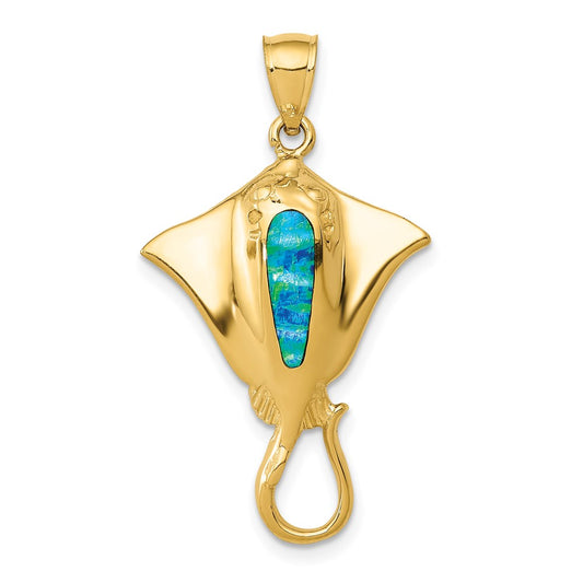 Million Charms 14K Yellow Gold Themed Polished With Created Blue Opal Stingray Pendant