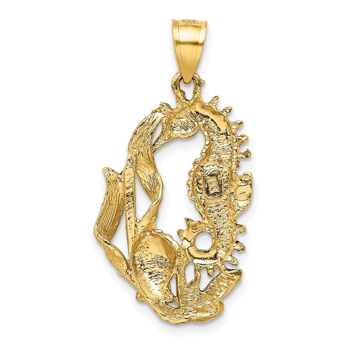 Million Charms 14K Yellow Gold Themed Polished Diamond-Cut Nautical Seahorse With Shell Pendant