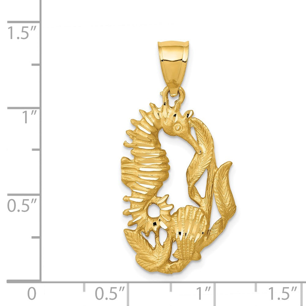 Million Charms 14K Yellow Gold Themed Polished Diamond-Cut Nautical Seahorse With Shell Pendant