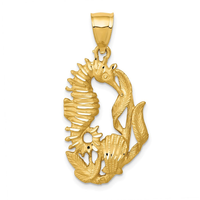 Million Charms 14K Yellow Gold Themed Polished Diamond-Cut Nautical Seahorse With Shell Pendant