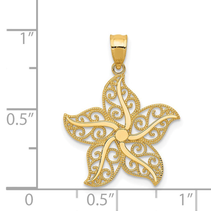 Million Charms 14K Yellow Gold Themed Polished Filigree Nautical Starfish Pendant