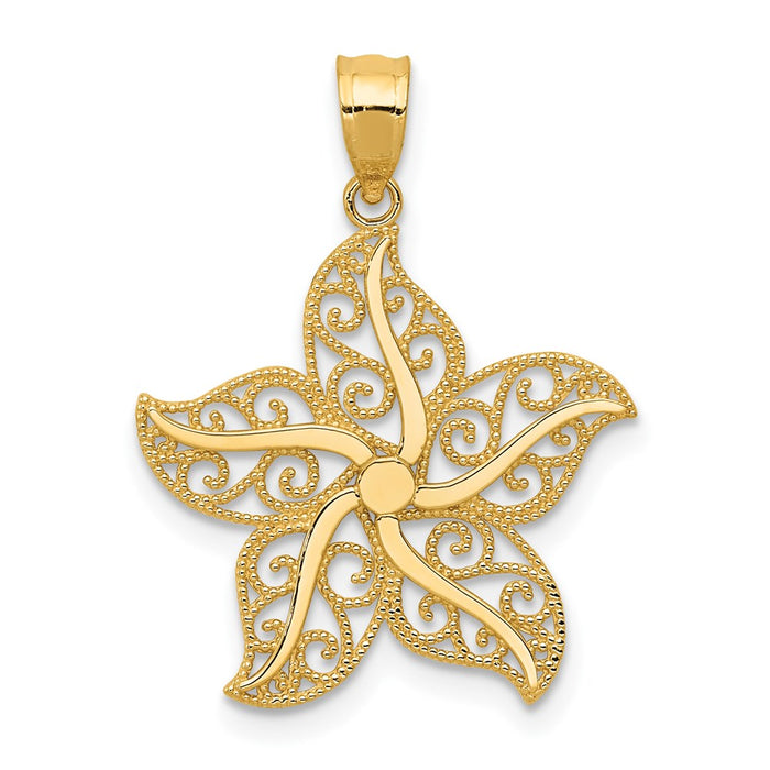 Million Charms 14K Yellow Gold Themed Polished Filigree Nautical Starfish Pendant