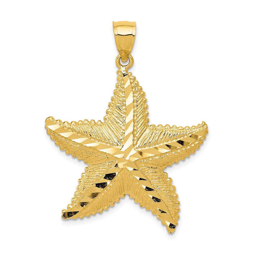 Million Charms 14K Yellow Gold Themed Polished, Textured Diamond-Cut Nautical Starfish Pendant