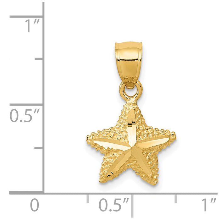 Million Charms 14K Yellow Gold Themed Polished, Textured Diamond-Cut Nautical Starfish Pendant