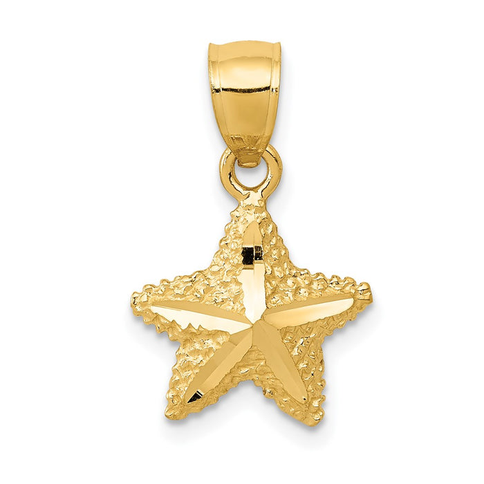 Million Charms 14K Yellow Gold Themed Polished, Textured Diamond-Cut Nautical Starfish Pendant