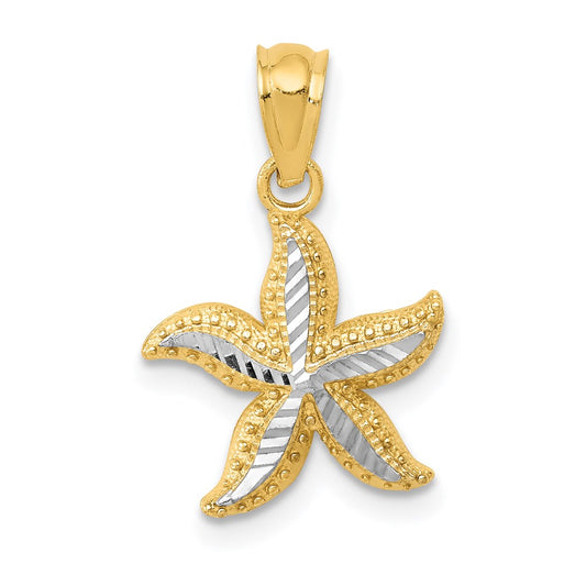 Million Charms 14K Yellow Gold Themed With Rhodium-plated Diamond-Cut Nautical Starfish Pendant