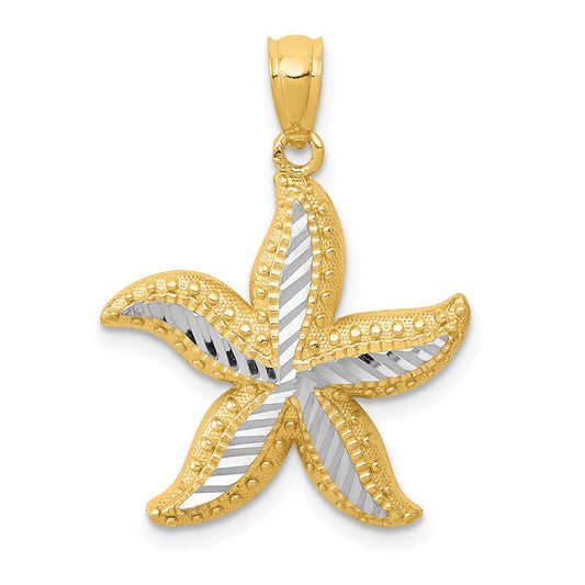 Million Charms 14K Yellow Gold Themed With Rhodium-plated Diamond-Cut Nautical Starfish Pendant