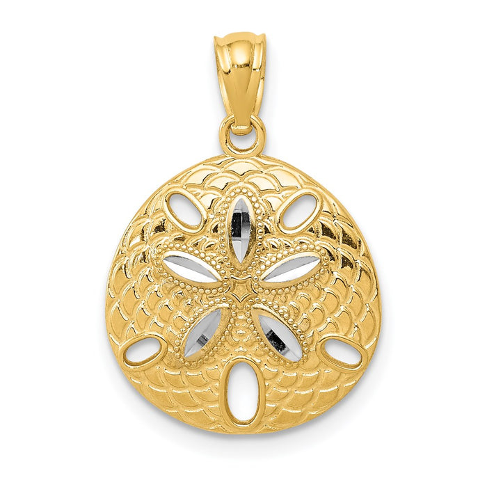 Million Charms 14K Yellow Gold Themed With Rhodium-plated Diamond-Cut Polished Sand Dollar Pendant