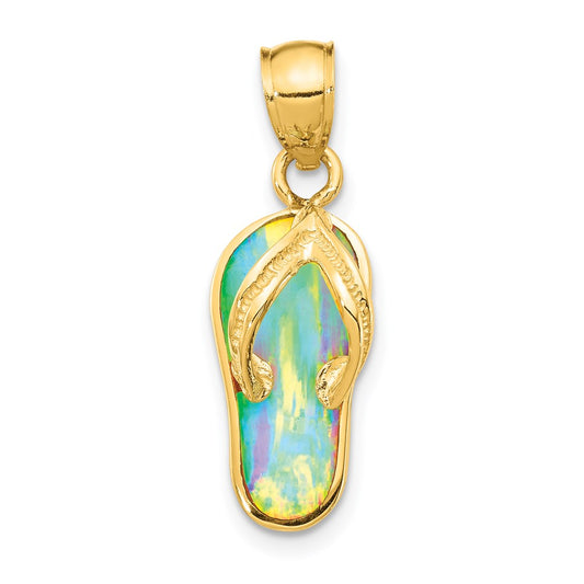 Million Charms 14K Yellow Gold Themed Polished With Created White Opal Flip Flop Pendant