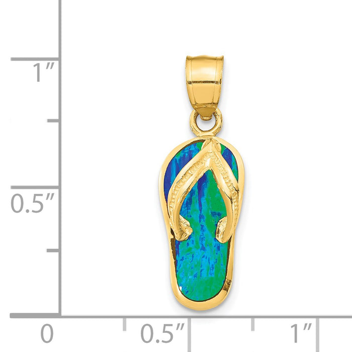 Million Charms 14K Yellow Gold Themed Polished With Created Blue/Green Opal Flip Flop Pendant