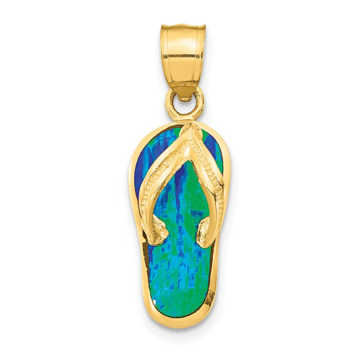 Million Charms 14K Yellow Gold Themed Polished With Created Blue/Green Opal Flip Flop Pendant