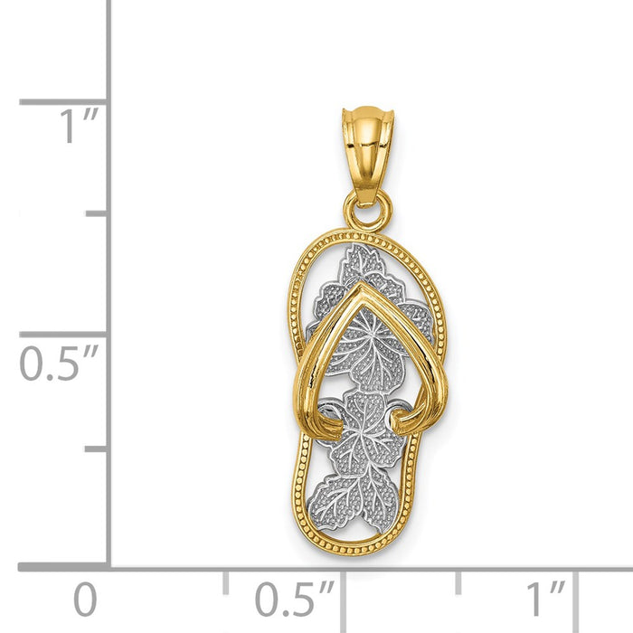 Million Charms 14K Yellow Gold Themed With Rhodium-plated Polished Floral Flip Flop Pendant