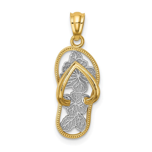 Million Charms 14K Yellow Gold Themed With Rhodium-plated Polished Floral Flip Flop Pendant