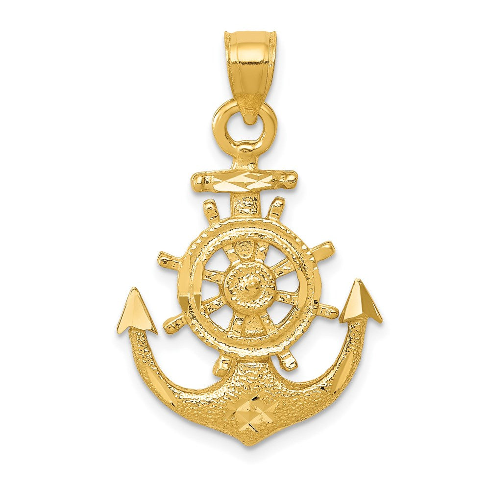 Million Charms 14K Yellow Gold Themed Satin Diamond-Cut Nautical Anchor Pendant