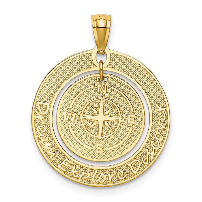 Million Charms 14K Yellow Gold Themed Polished Dream Explore Discover With Compass Pendant