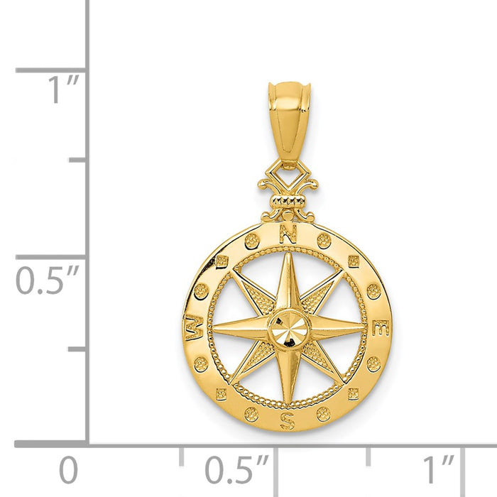 Million Charms 14K Yellow Gold Themed Diamond-Cut Polished Compass Pendant