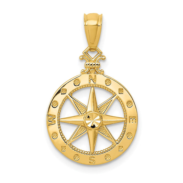 Million Charms 14K Yellow Gold Themed Diamond-Cut Polished Compass Pendant