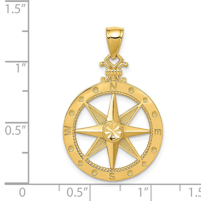 Million Charms 14K Yellow Gold Themed Diamond-Cut Polished Compass Pendant