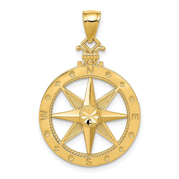 Million Charms 14K Yellow Gold Themed Diamond-Cut Polished Compass Pendant