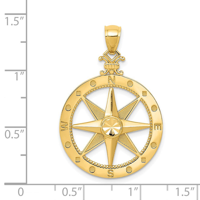 Million Charms 14K Yellow Gold Themed Diamond-Cut Polished & Satin Compass Pendant