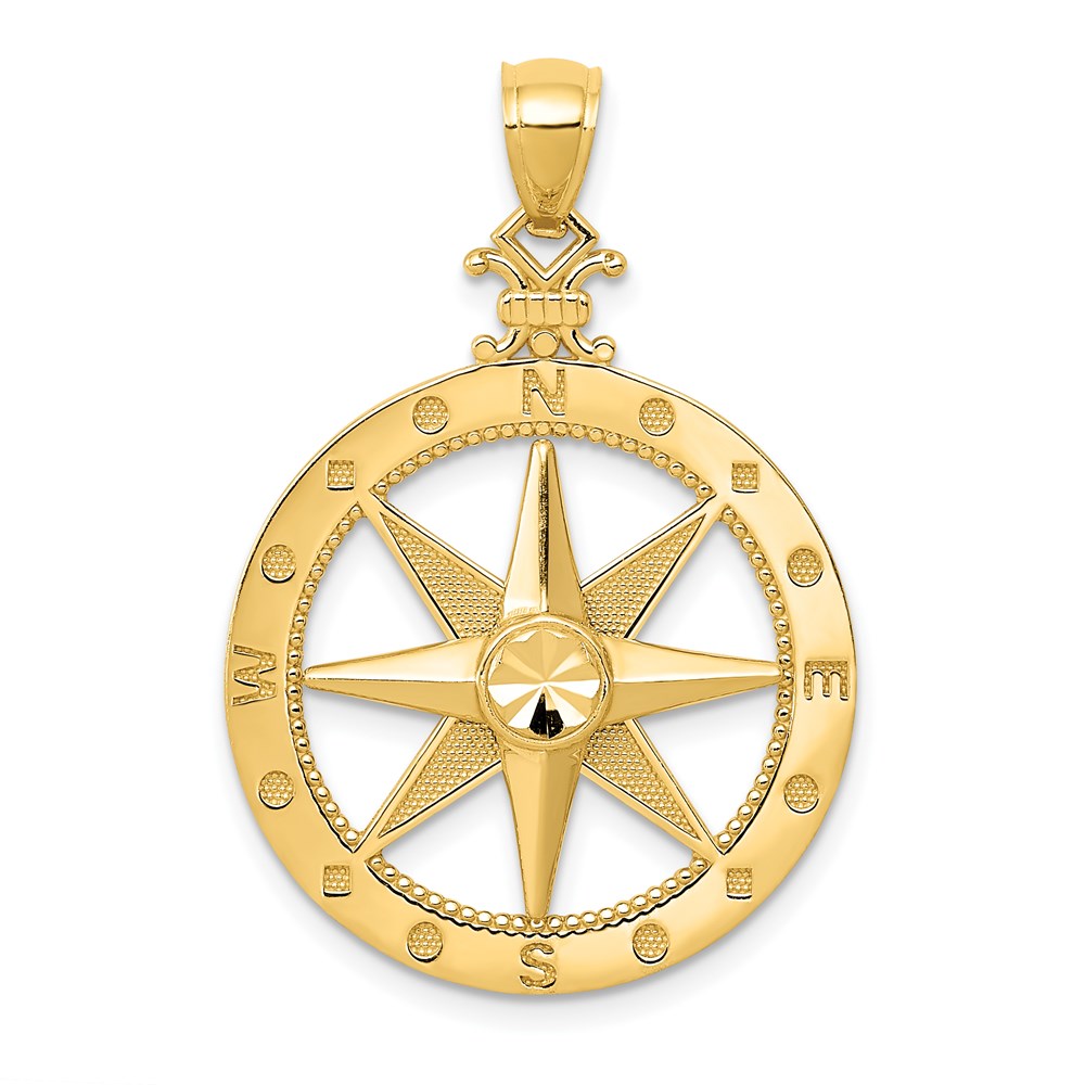 Million Charms 14K Yellow Gold Themed Diamond-Cut Polished & Satin Compass Pendant