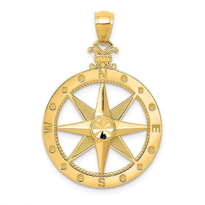 Million Charms 14K Yellow Gold Themed Diamond-Cut Polished & Satin Compass Pendant