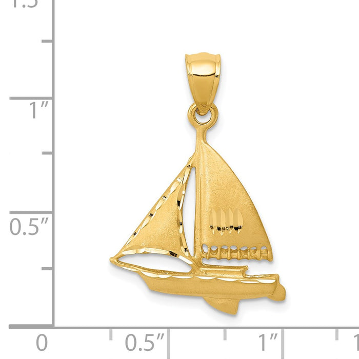 Million Charms 14K Yellow Gold Themed Satin Diamond-Cut Nautical Sailboat Pendant