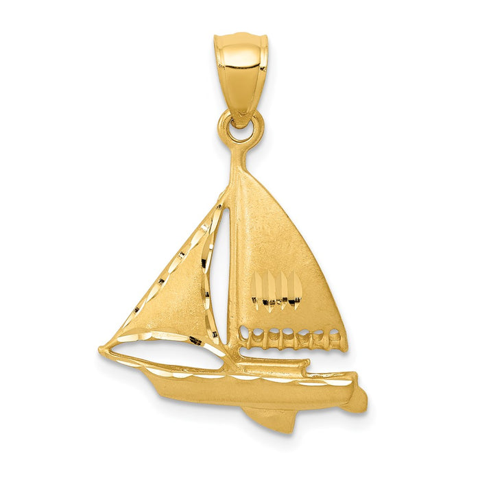 Million Charms 14K Yellow Gold Themed Satin Diamond-Cut Nautical Sailboat Pendant
