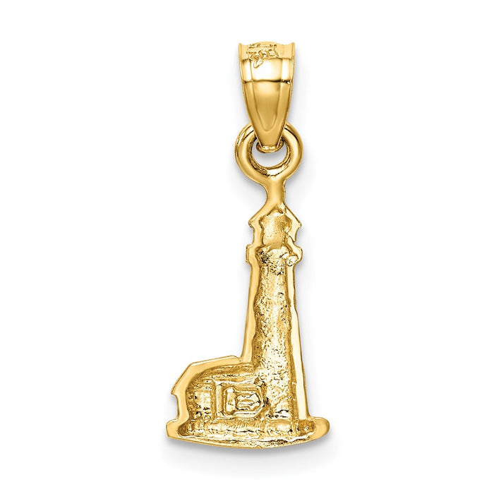 Million Charms 14K Yellow Gold Themed Satin Diamond-Cut Lighthouse With Building Pendant