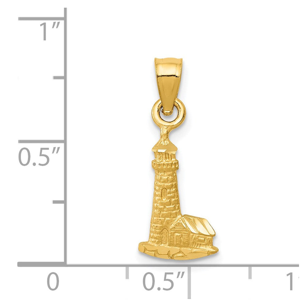 Million Charms 14K Yellow Gold Themed Satin Diamond-Cut Lighthouse With Building Pendant