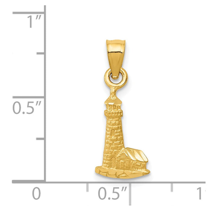 Million Charms 14K Yellow Gold Themed Satin Diamond-Cut Lighthouse With Building Pendant