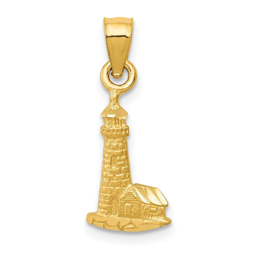 Million Charms 14K Yellow Gold Themed Satin Diamond-Cut Lighthouse With Building Pendant