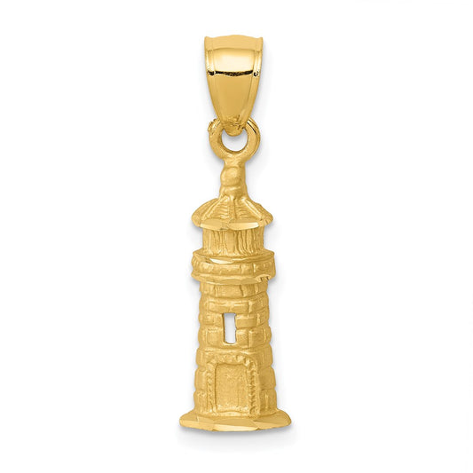 Million Charms 14K Yellow Gold Themed Satin Diamond-Cut Lighthouse Pendant