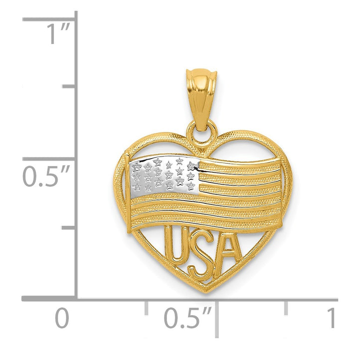 Million Charms 14K Yellow Gold Themed With Rhodium-plated Polished American Flag & Usa In Heart Pendant