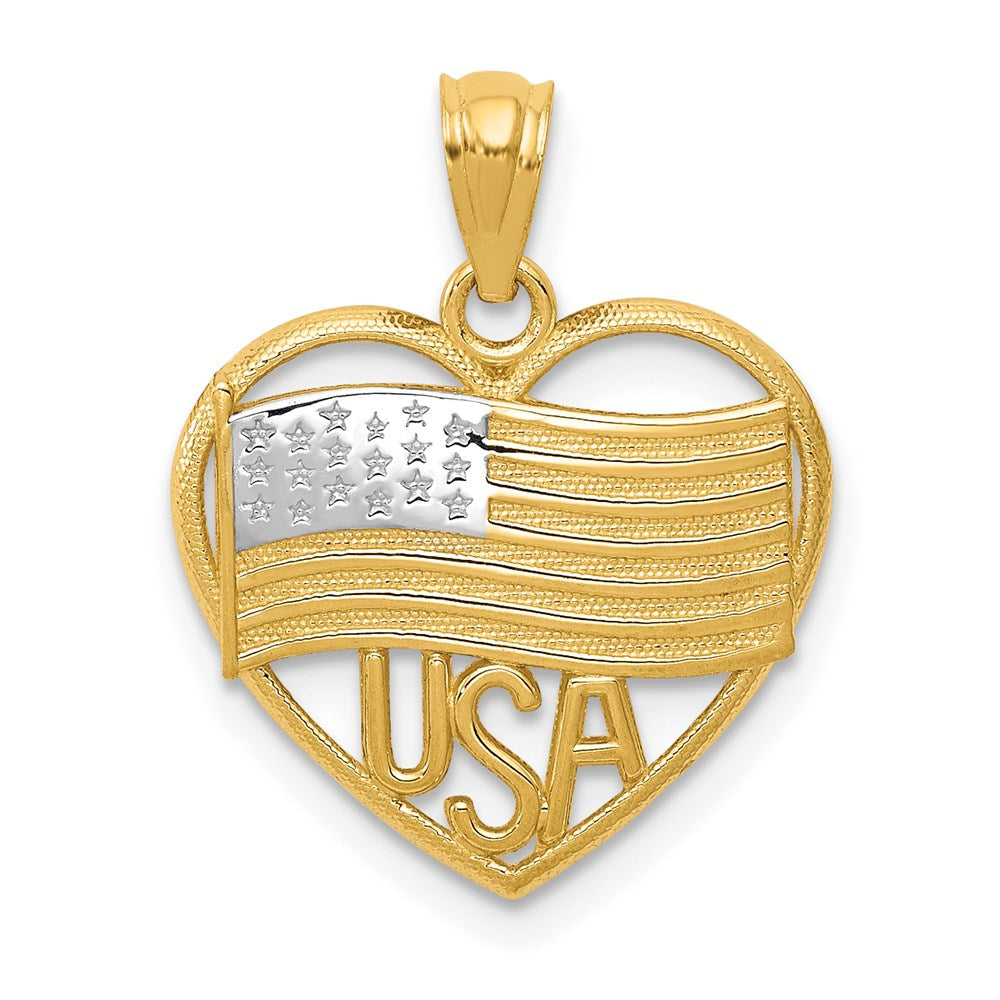 Million Charms 14K Yellow Gold Themed With Rhodium-plated Polished American Flag & Usa In Heart Pendant