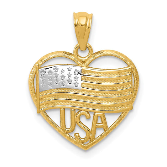 Million Charms 14K Yellow Gold Themed With Rhodium-plated Polished American Flag & Usa In Heart Pendant