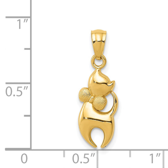 Million Charms 14K Yellow Gold Themed Polished Cat With Satin Bow Pendant