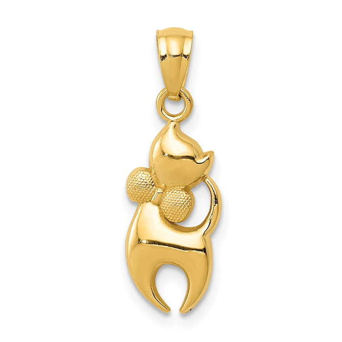 Million Charms 14K Yellow Gold Themed Polished Cat With Satin Bow Pendant