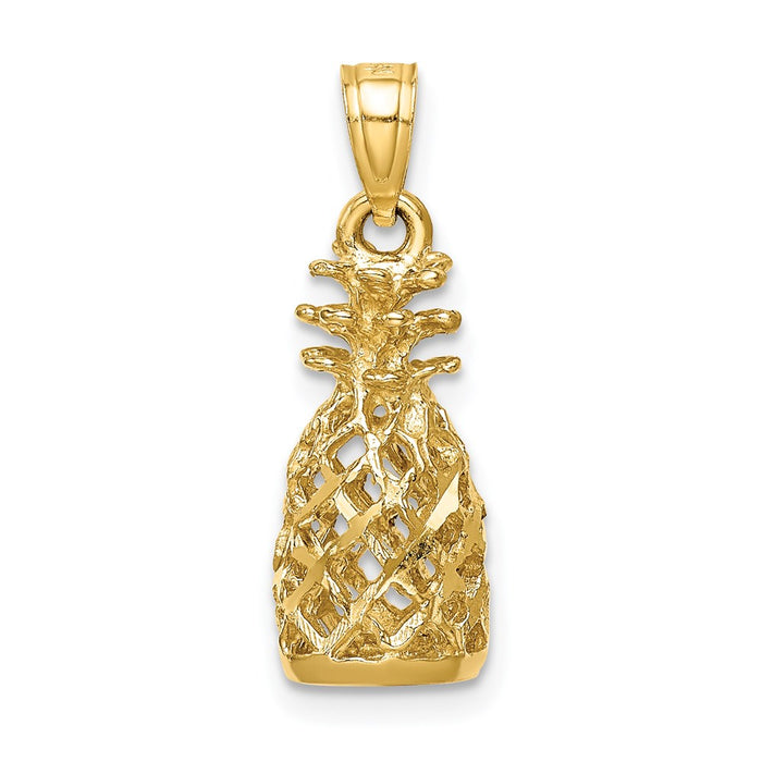 Million Charms 14K Yellow Gold Themed Diamond-Cut 3D Pineapple Pendant